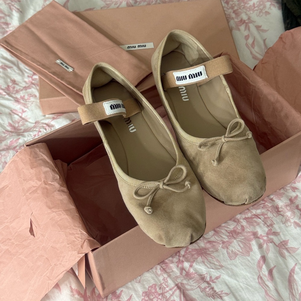 Miu Miu Tan Suede Flats with Bow Accent